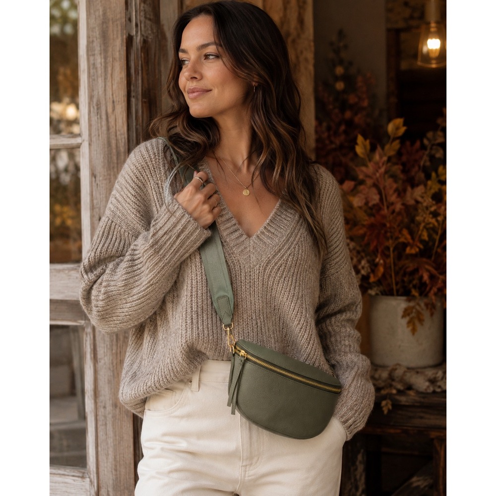 Quince Quinn Leather Sling Bag Olive Green Pebbled Leather Crossbody NWT